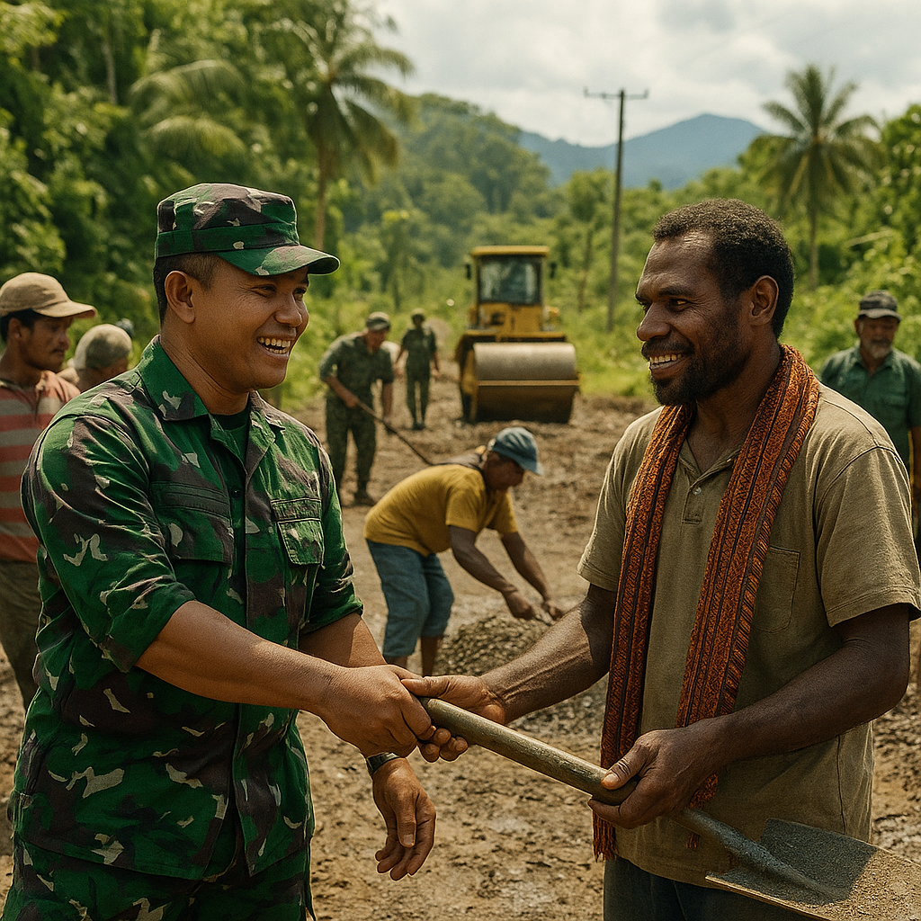 TNI AD dan Warga Gelar Kerja Bakti Bersama Perbaiki Jalan di Perbatasan Papua